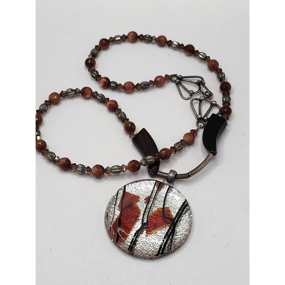 Fused Glass Art Pendant Necklace Goldstone Beaded Boho Statement 19 In - Picture 2 of 13